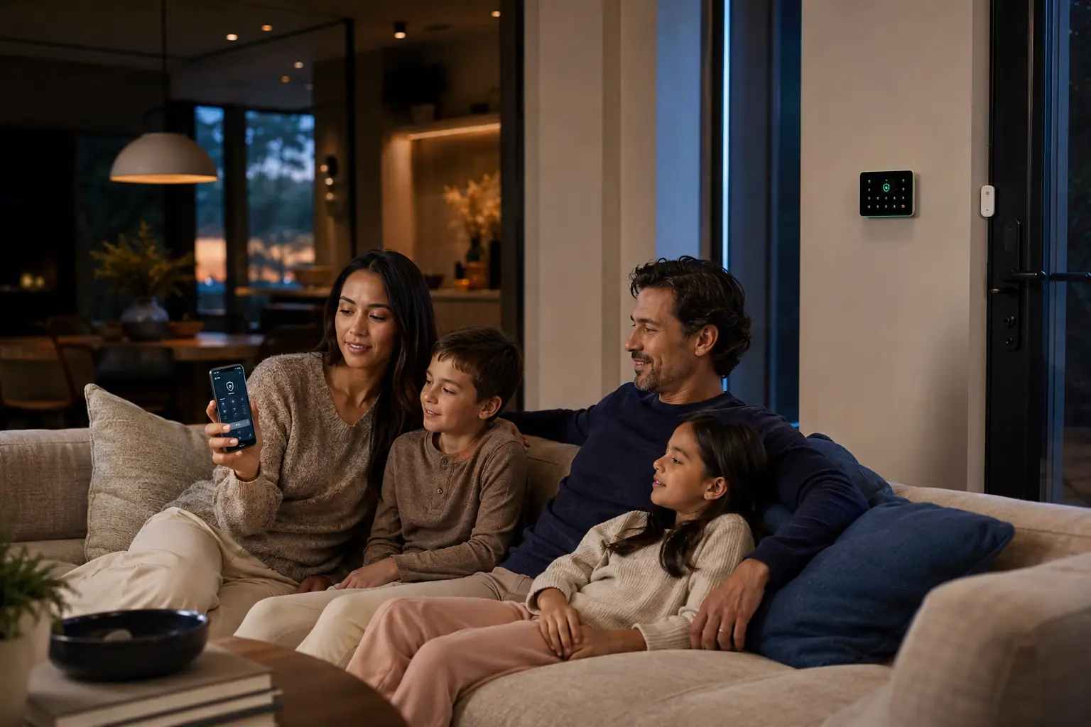 Family at home with connected security