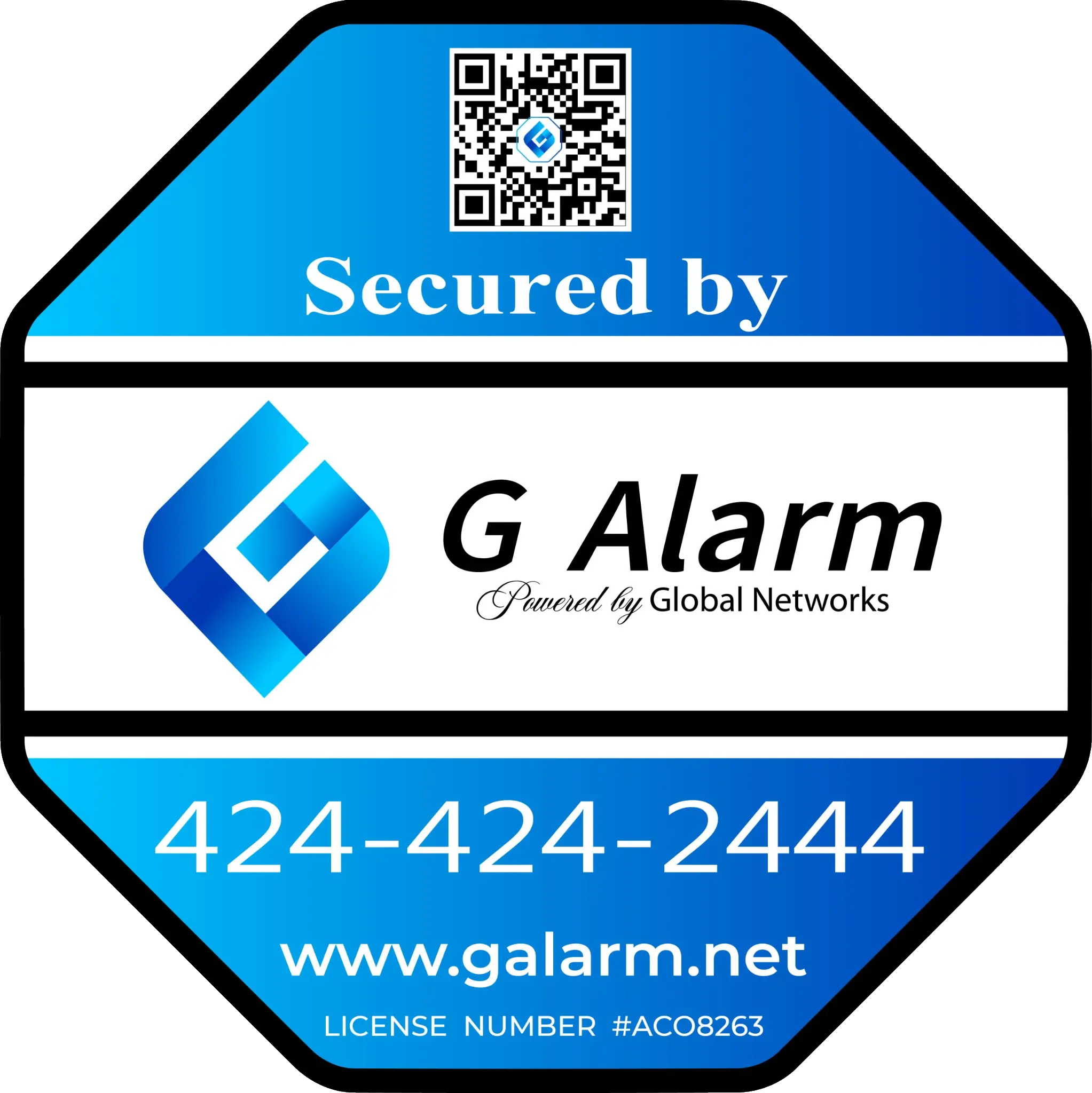 G Alarm secured by sticker with QR code, phone number, website, and license number