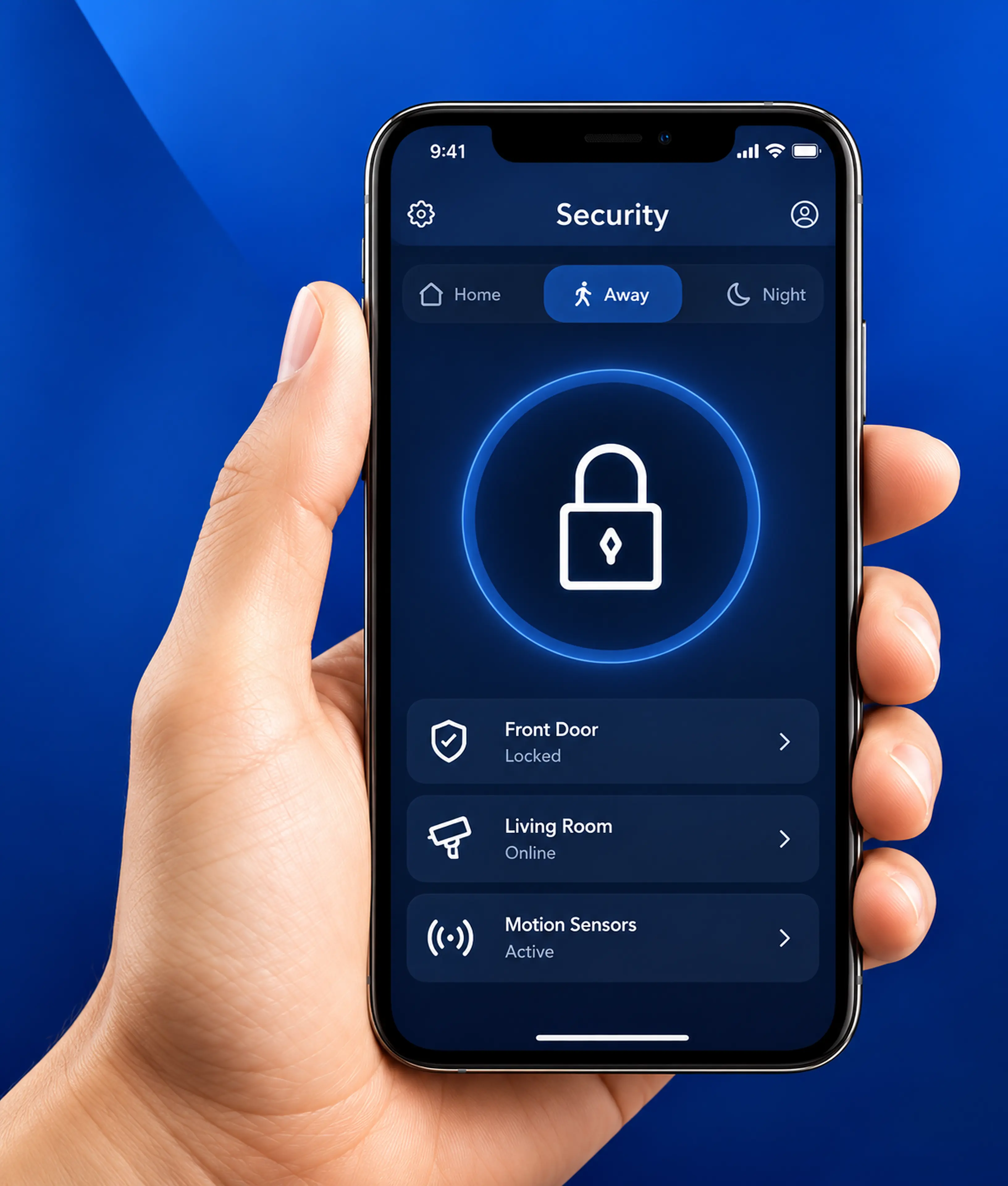 Hand holding a smartphone with a home security control screen