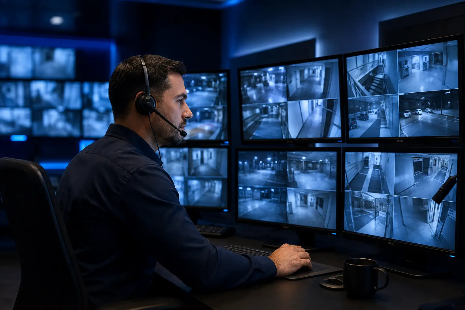 Professional monitoring specialist reviewing security activity