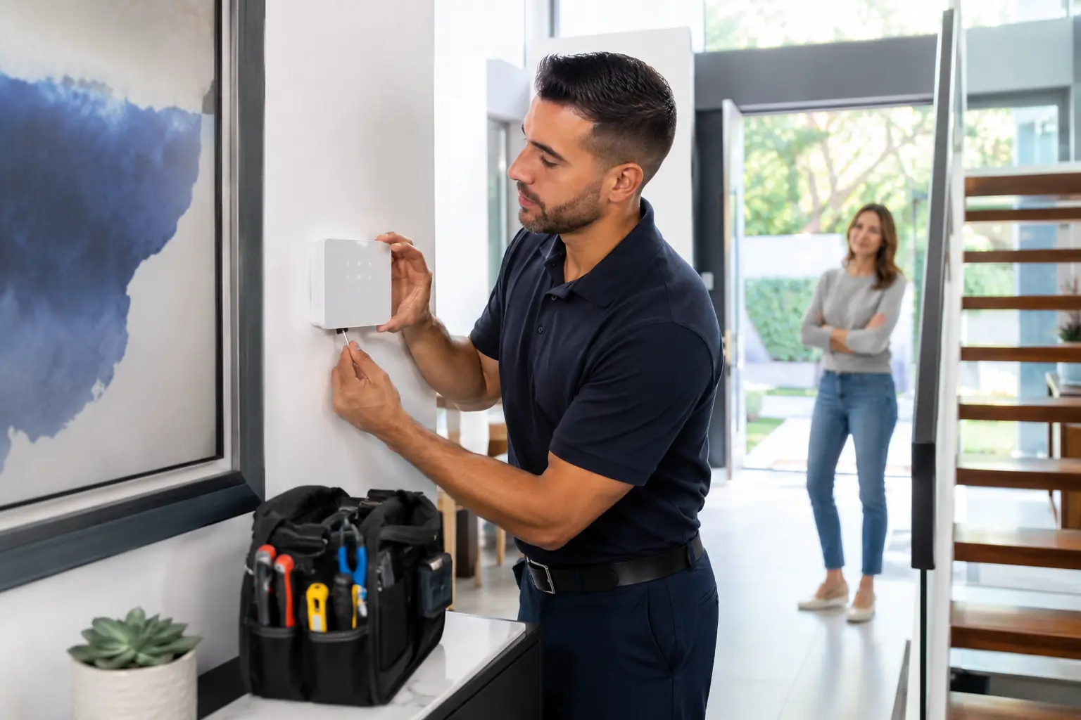 Technician installing a security device in a modern home